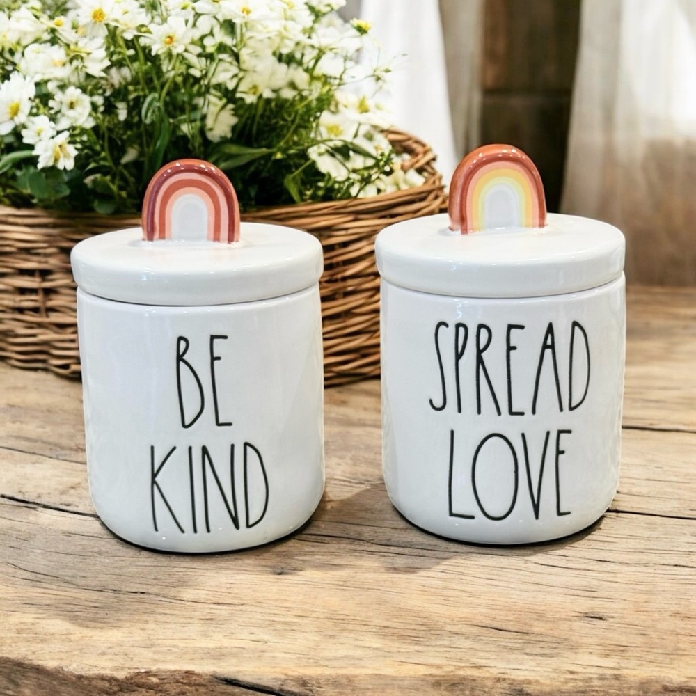 NEW Rae Dunn Small White Ceramic Jars with Rainbow Lids
